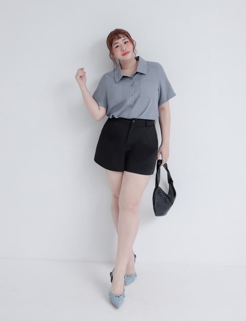 MISS. Drop Shoulder Stitching Double Pocket Plus Size Short Sleeve Shirt
