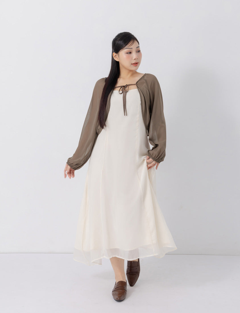 Japanese Style Puff Sleeve Tie Sheer Cropped Plus Size Cover-Up