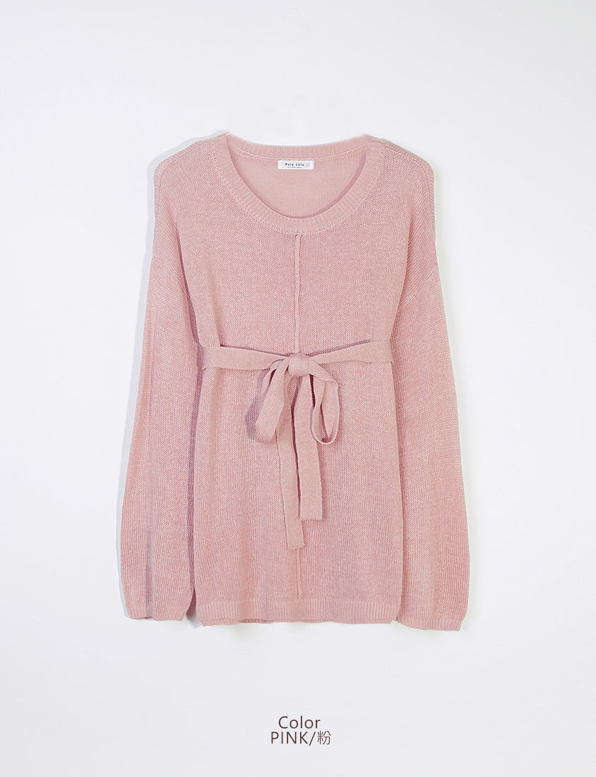 MISS. Korean Sheer Knit Plus Size Long Sleeve Top (with Waist Tie)