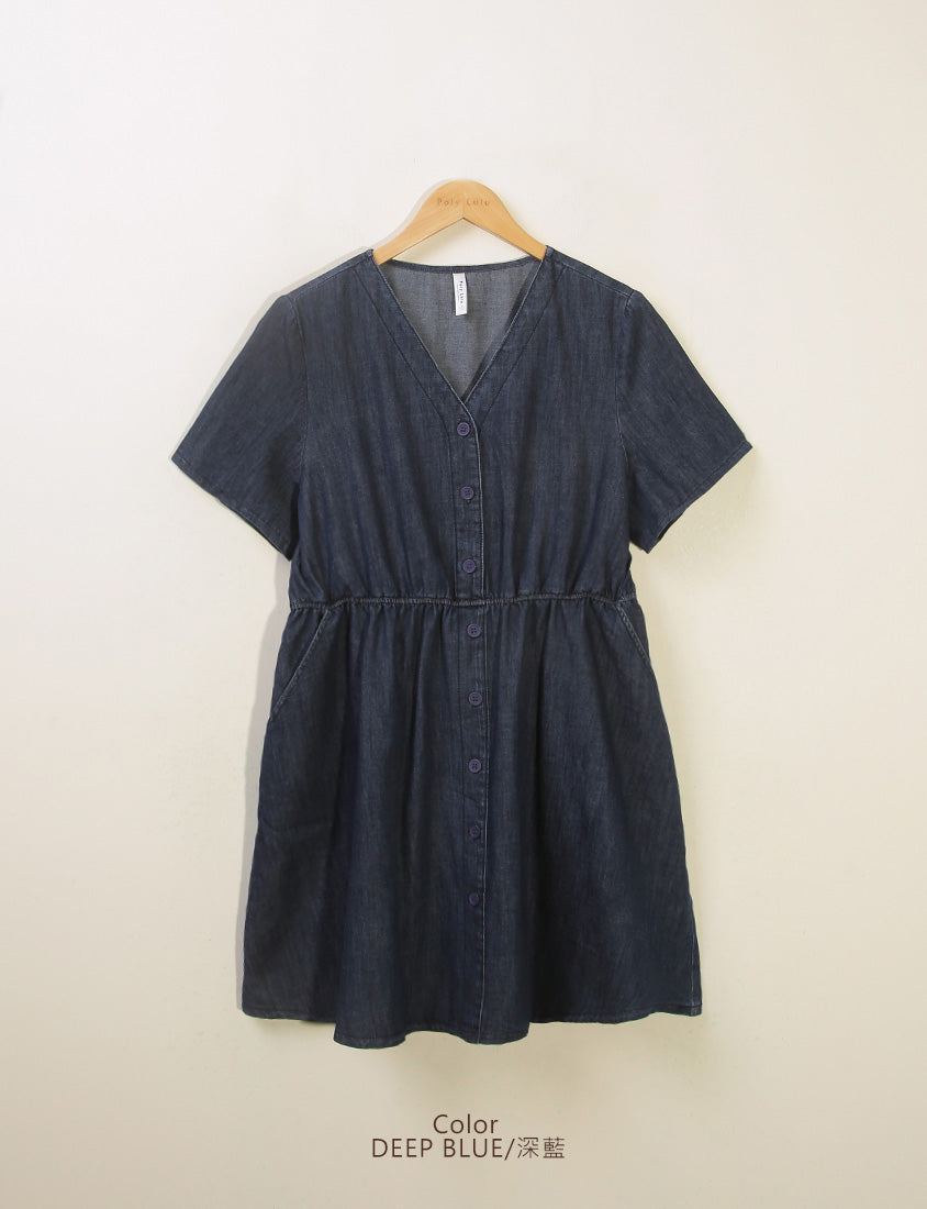 V-Neck Lightweight Denim Elastic Waist Button Plus Size Mini Dress