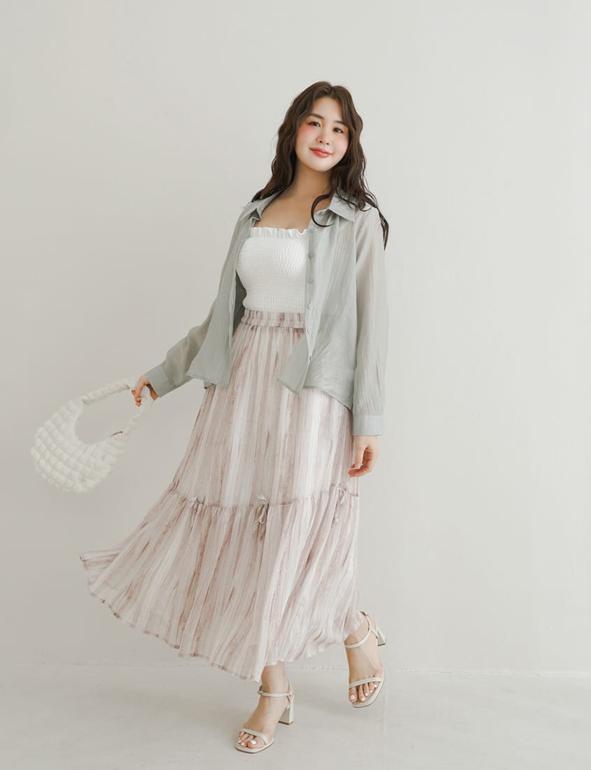Tie-Dye Bow Detail Elastic Flare Plus Size Maxi Skirt