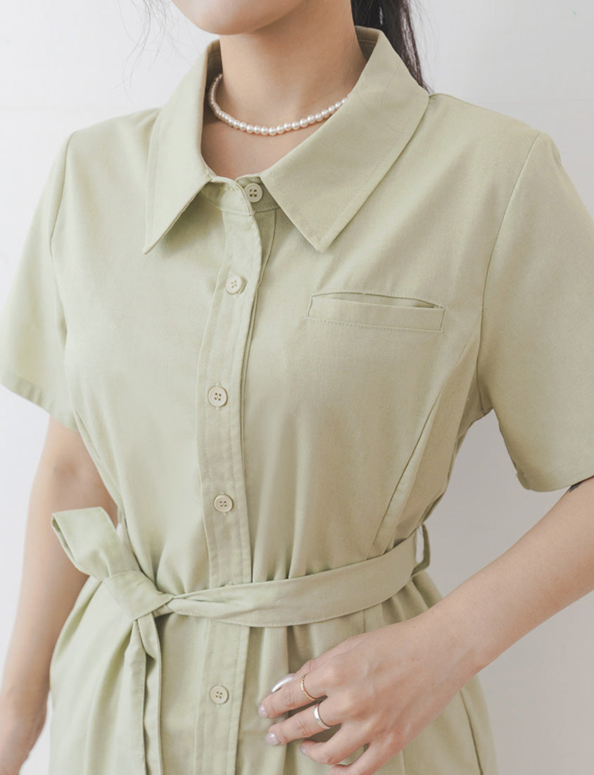 MISS. Korean-Style Button-Front Contrast Stitch Plus Size Dress (with Waist Tie)