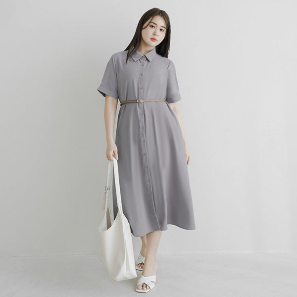 MISS. Button Twill Collar Plus Size Short Sleeve Dress (with Belt)