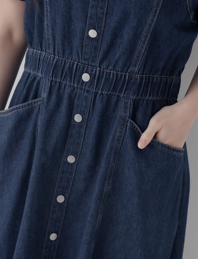 Square Neck Faux Button Elastic Waist Plus Size Denim Maxi Dress