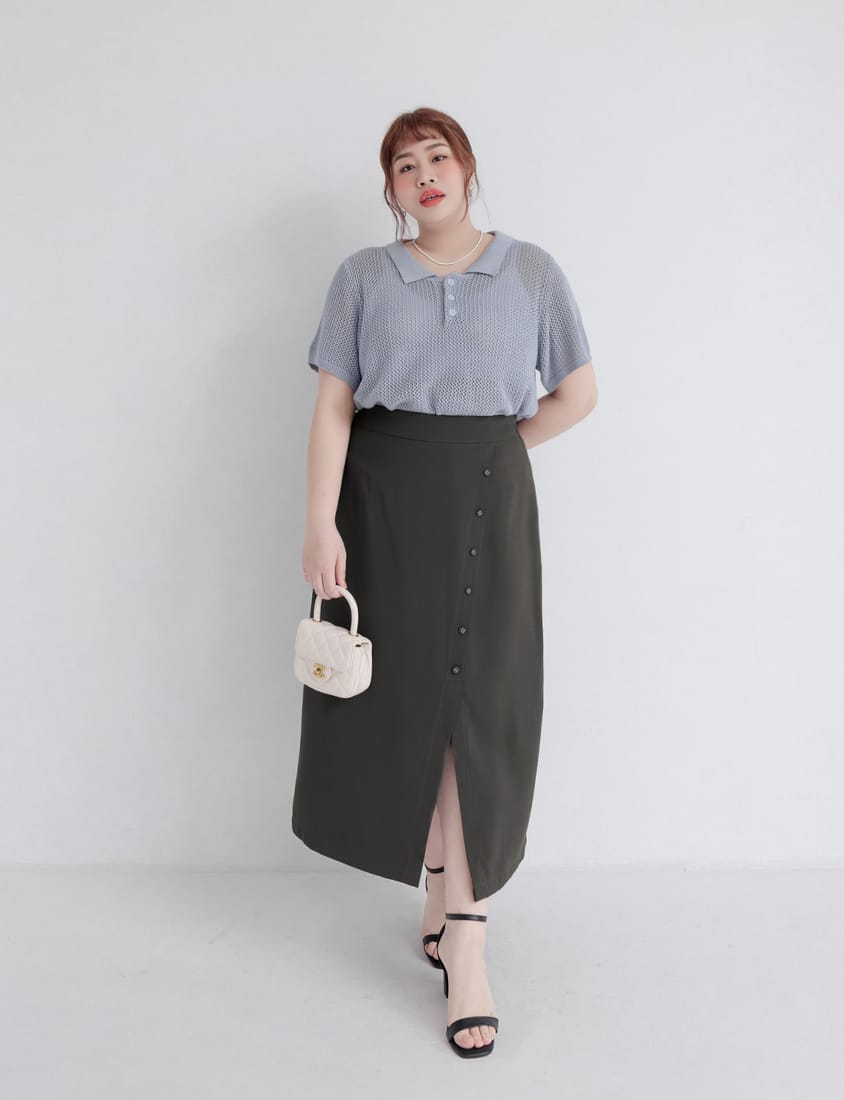 MISS. Korean Style Asymmetrical Button Slit Elastic Waist Plus Size Maxi Skirt