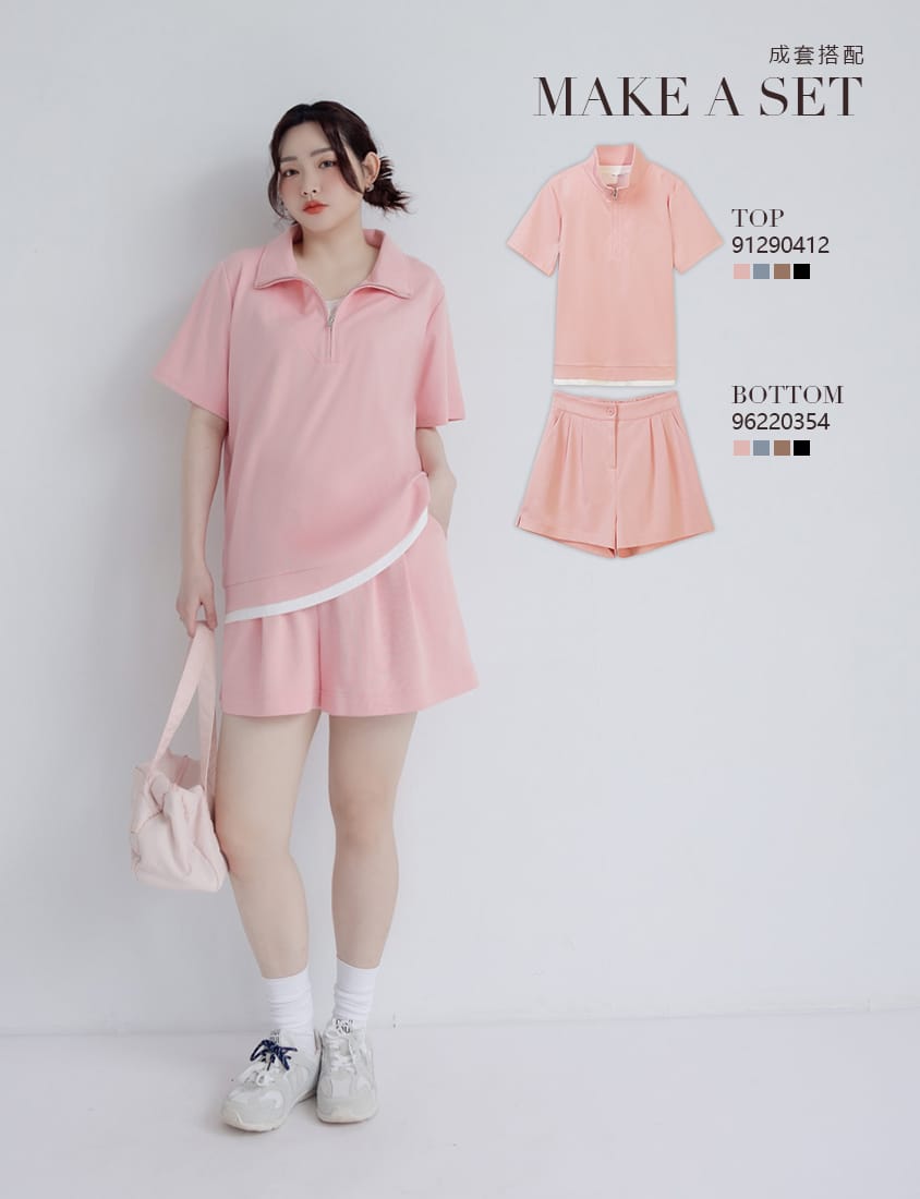 Zip-Up Faux Two-Piece Multicolor Plus Size Short Sleeve Tee