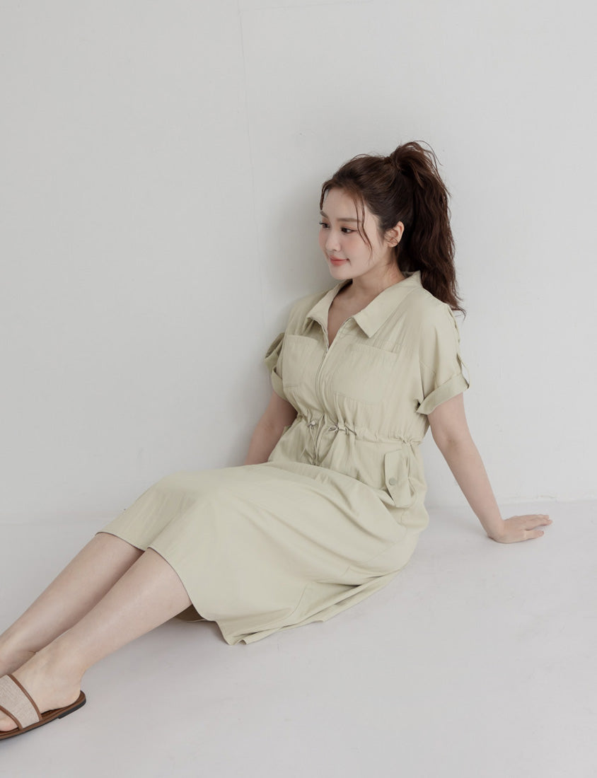 Utility Cargo Pocket Drawstring Cinched Waist Plus Size Maxi Dress