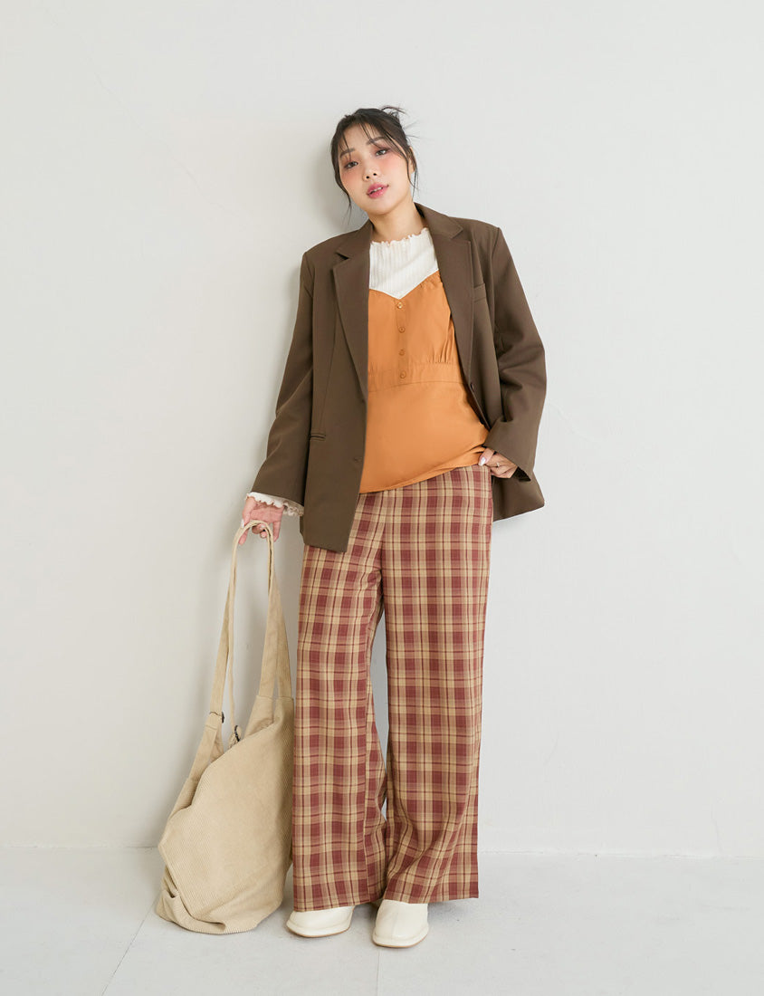 Cozy Plaid Back Elastic Waist Plus Size Tailored Pants