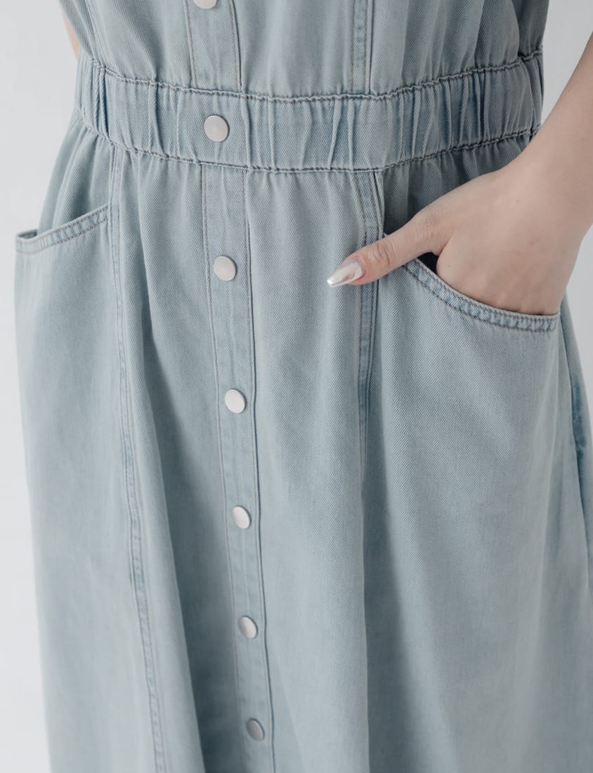Square Neck Faux Button Elastic Waist Plus Size Denim Maxi Dress