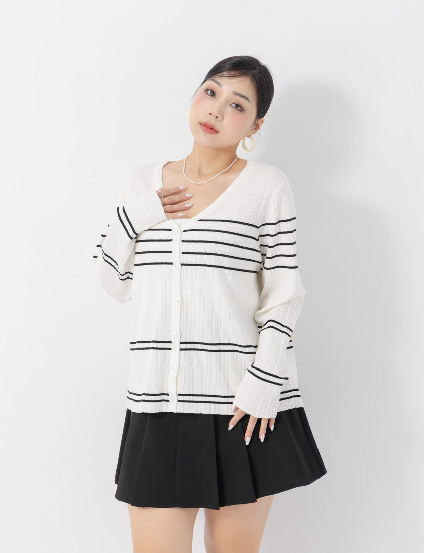 MISS. Contrast Stripe Ice Silk Plus Size Knit Cardigan