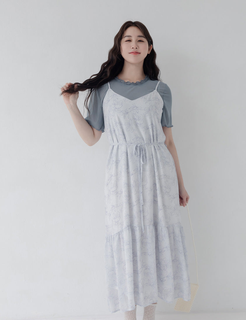 Adjustable Hand-Painted Floral Cami Dress (with Waist Tie)