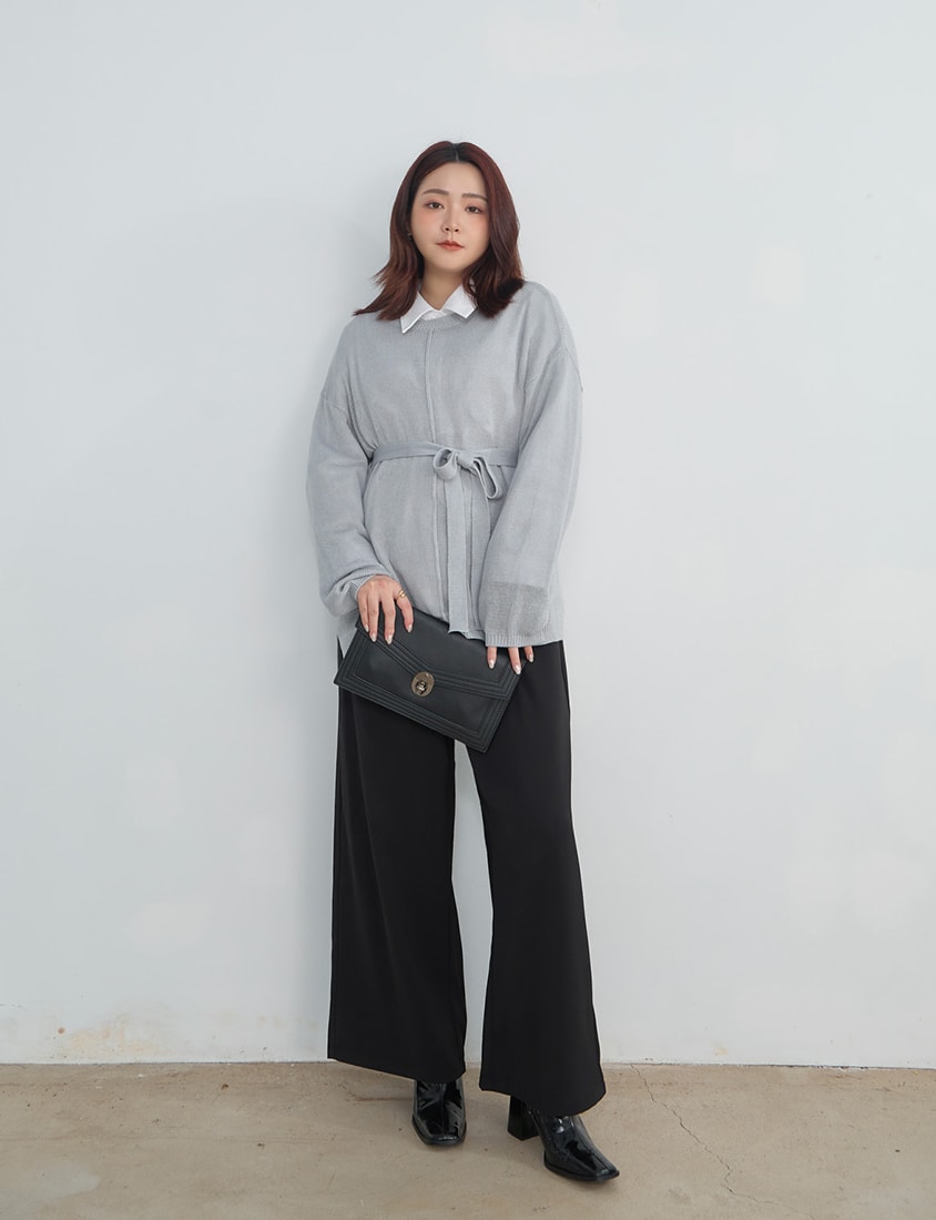 MISS. Korean Sheer Knit Plus Size Long Sleeve Top (with Waist Tie)