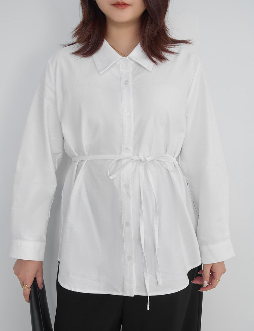 MISS. Korean Oxford Longline Plus Size Shirt (with Waist Tie)