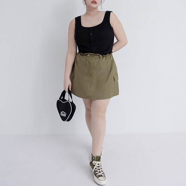 Sweet & Edgy Drawstring Cargo Plus Size Mini Skirt (With Inner Shorts)