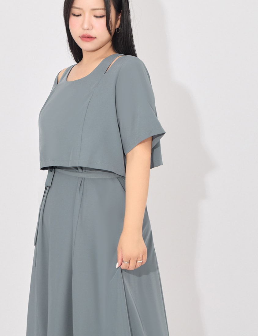 MORE U Wrinkle-Resistant Faux Two-Piece Eyelet Plus Size Dress (with Waist-Tie)