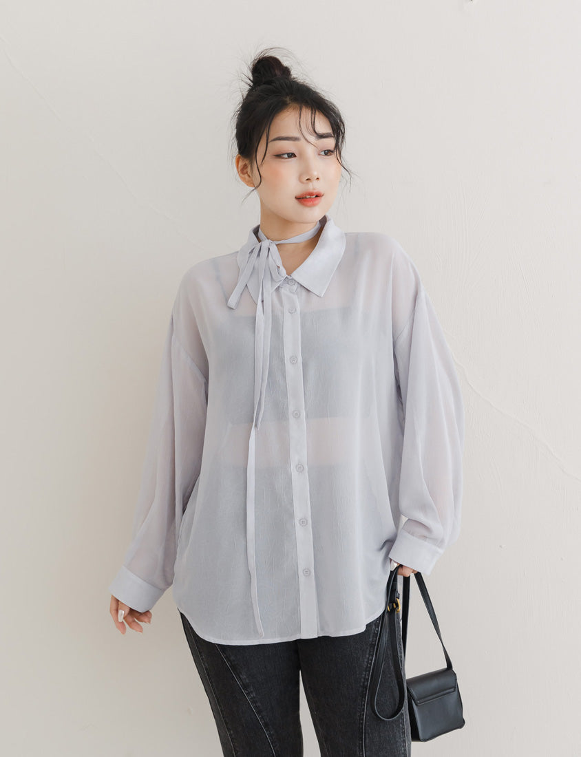 Flowy Crinkled Sheer Plus Size Blouse (With Tie)