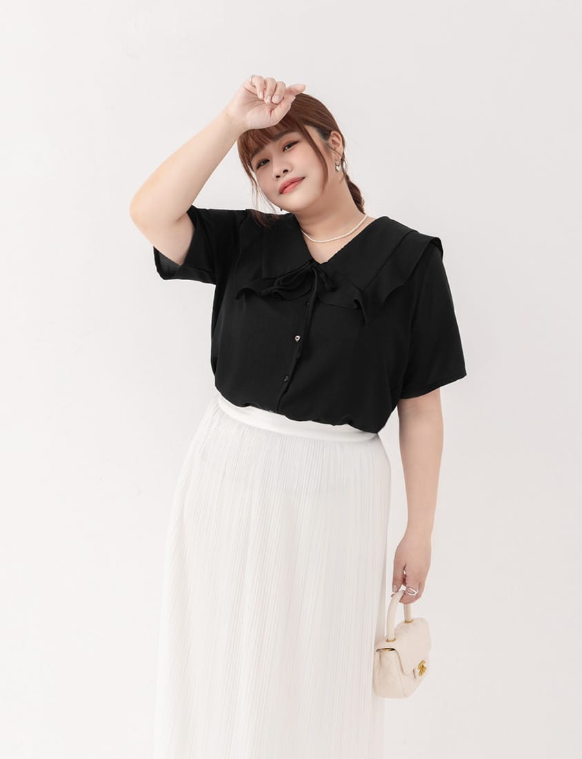 MISS. Heart Buttons Front Tie Ruffle Collar Plus Size Blouse