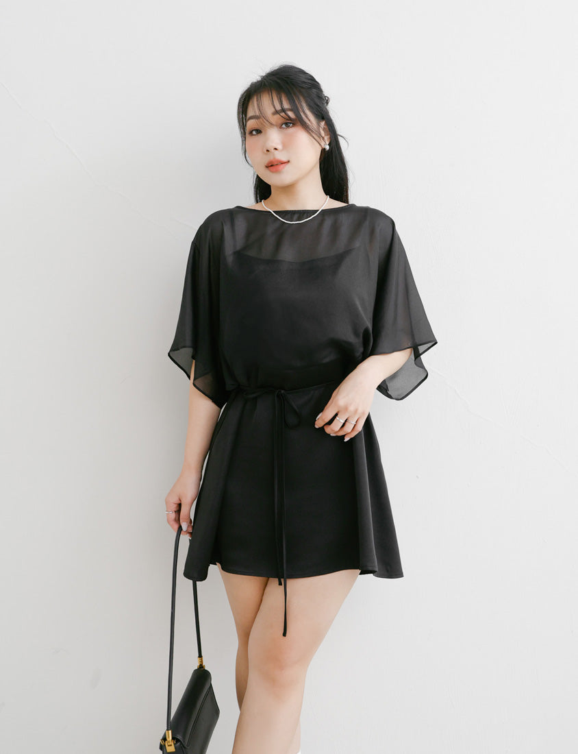 MISS. Sheer Faux Two-piece Satin Tie-Waist Plus Size Dress