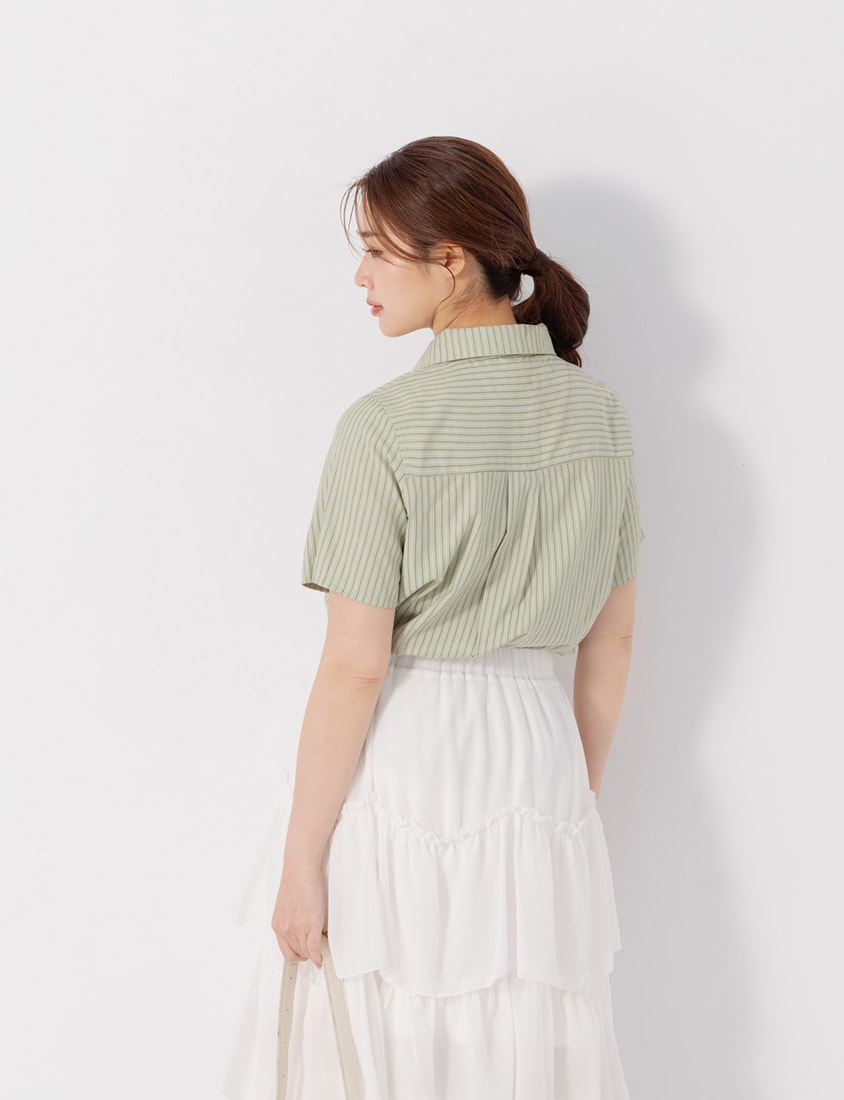 MISS. Preppy Contrast Stripe Plus Size Short Sleeve Shirt (With Neck Tie)