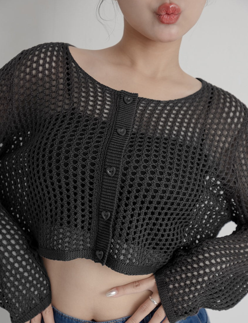 Knit Eyelet Hollow Faux Button Plus Size Top