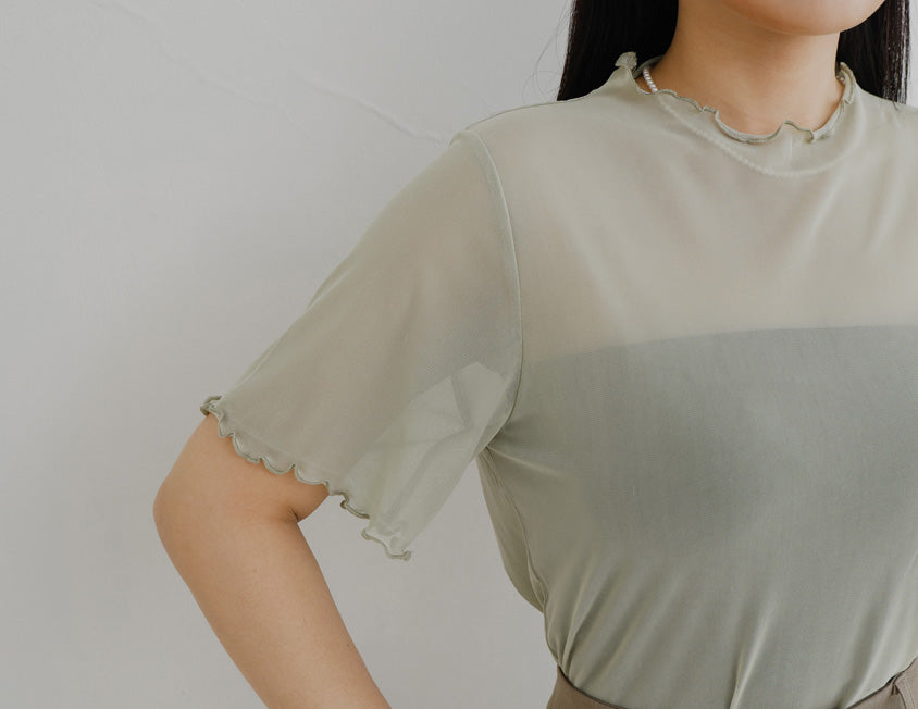 MISS. Sheer Wavy Edge Korean Style Plus Size Short Sleeve Top