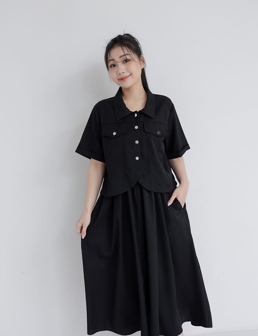 Curved Hem Stitched Plus Size Cuffed Shirt