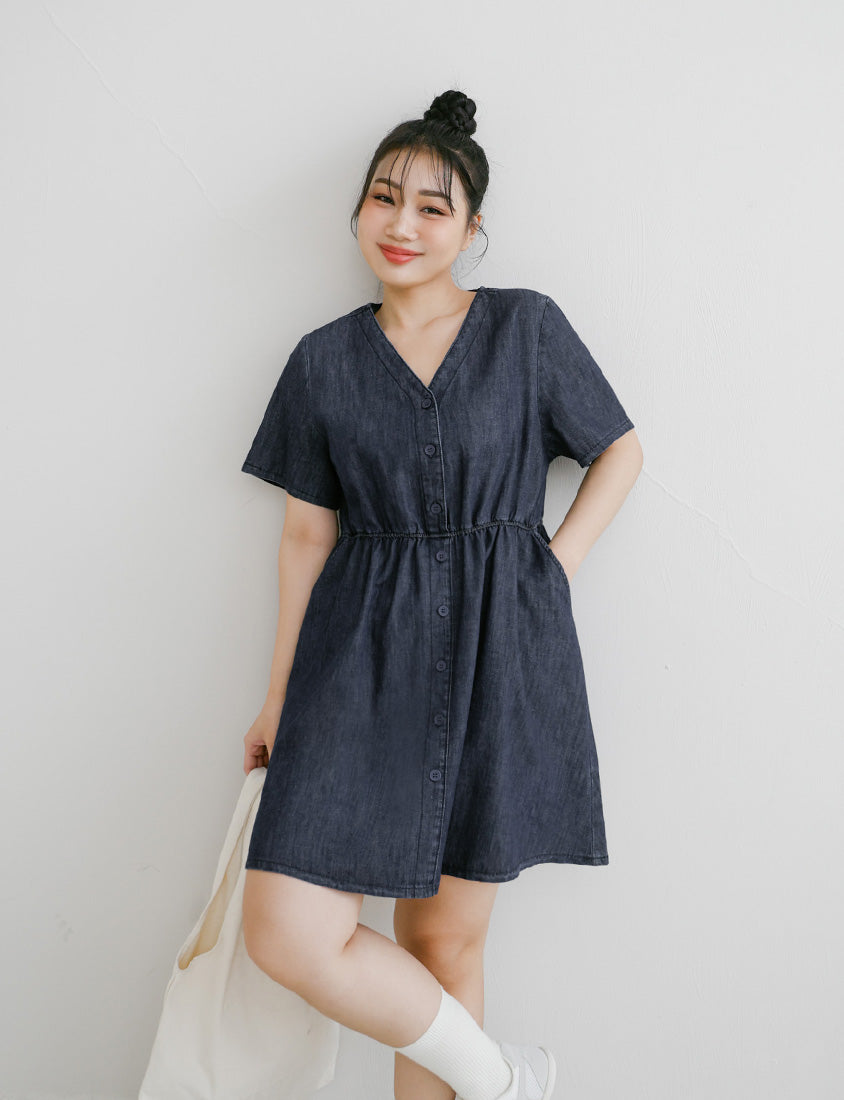 V-Neck Lightweight Denim Elastic Waist Button Plus Size Mini Dress
