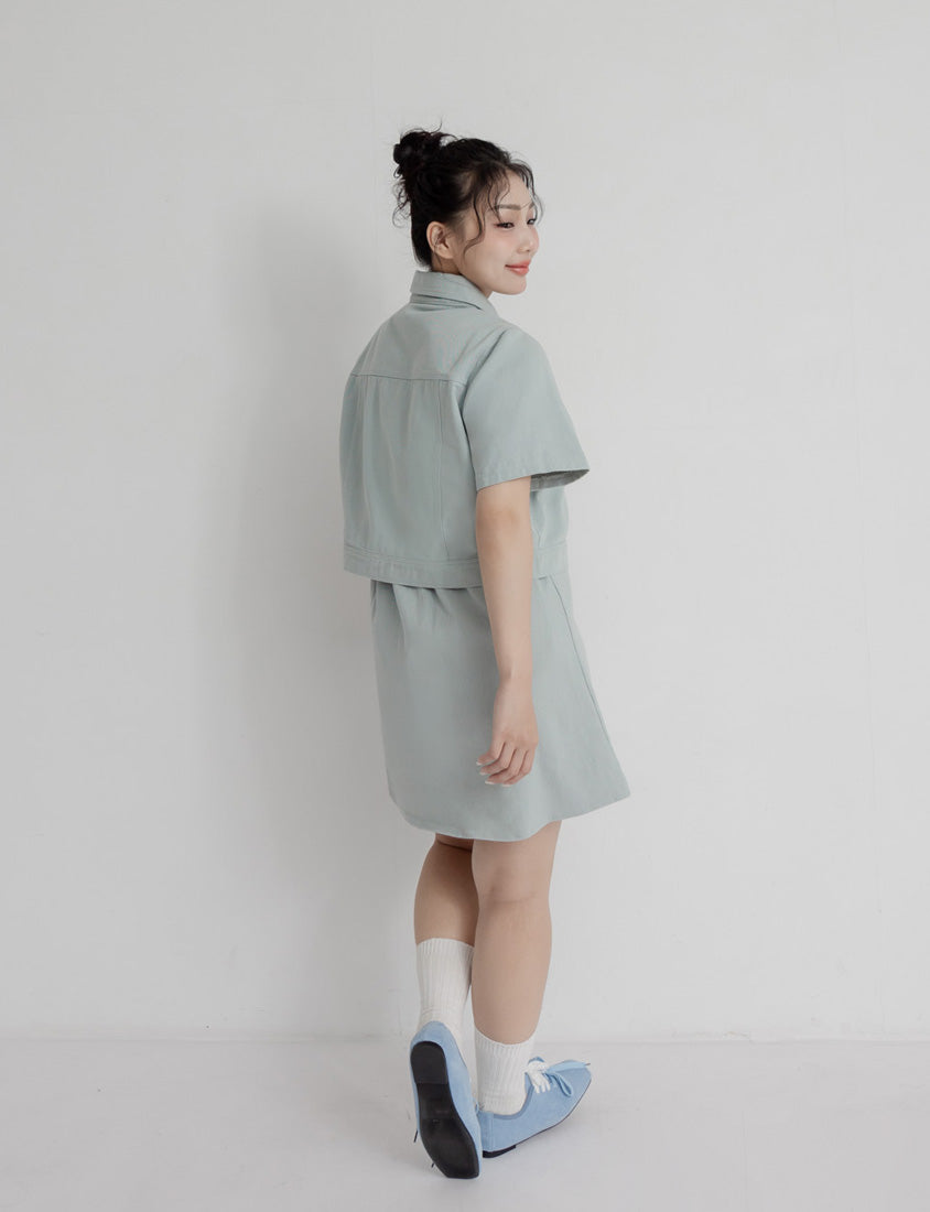 Korean Style Twill Button-Down Plus Size Short Sleeve Jacket