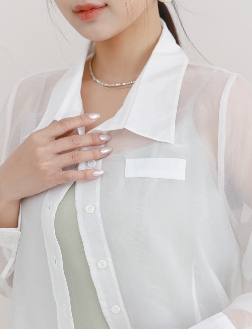 MISS. Faux Pockets Sheer Plus Size Cropped Shirt