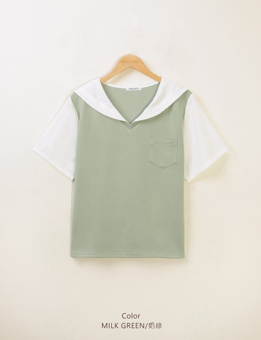 Space Cotton Sailor Collar Faux Two-Piece Plus Size Top