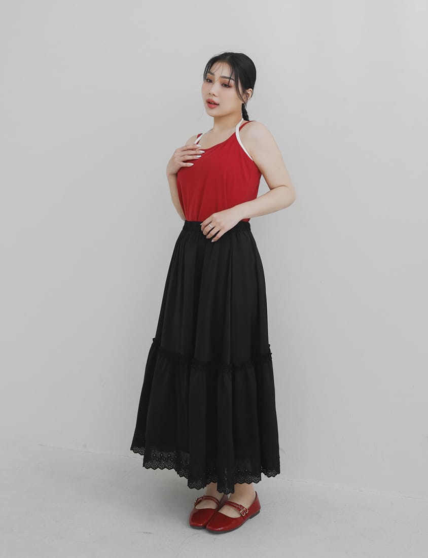 Korean Style Flowy Lace Trim Tiered Plus Size Maxi Skirt