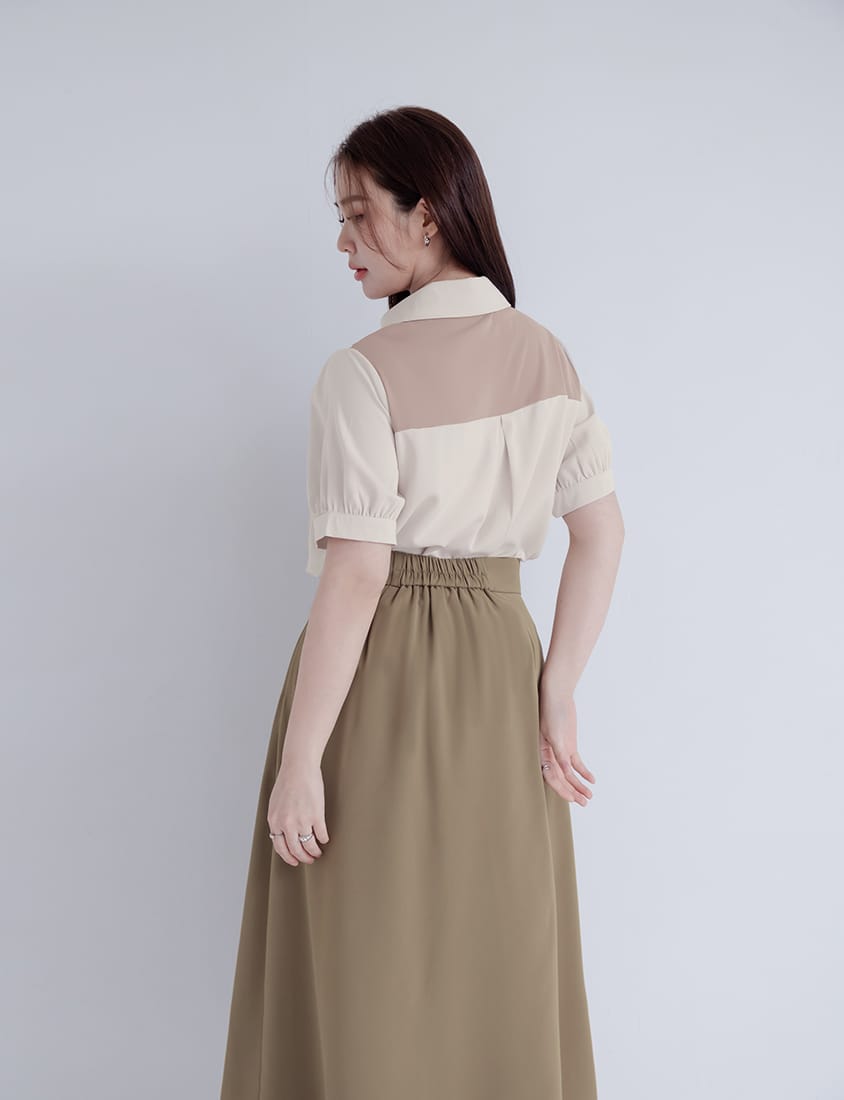 MISS. Faux Two-Piece Color-Block Bow Puff Sleeve Plus Size Blouse