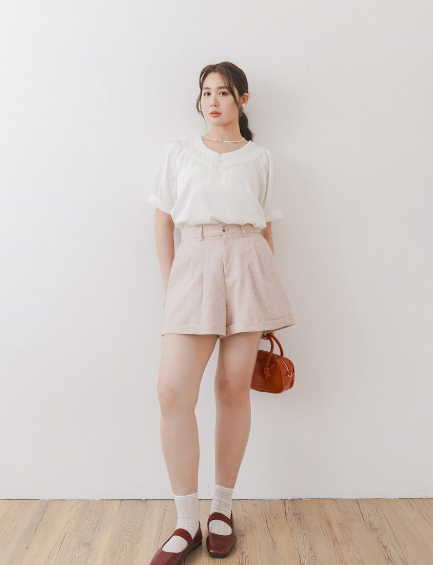 MISS. V-Neck Lace Embroidered Plus Size Puff Sleeve Top