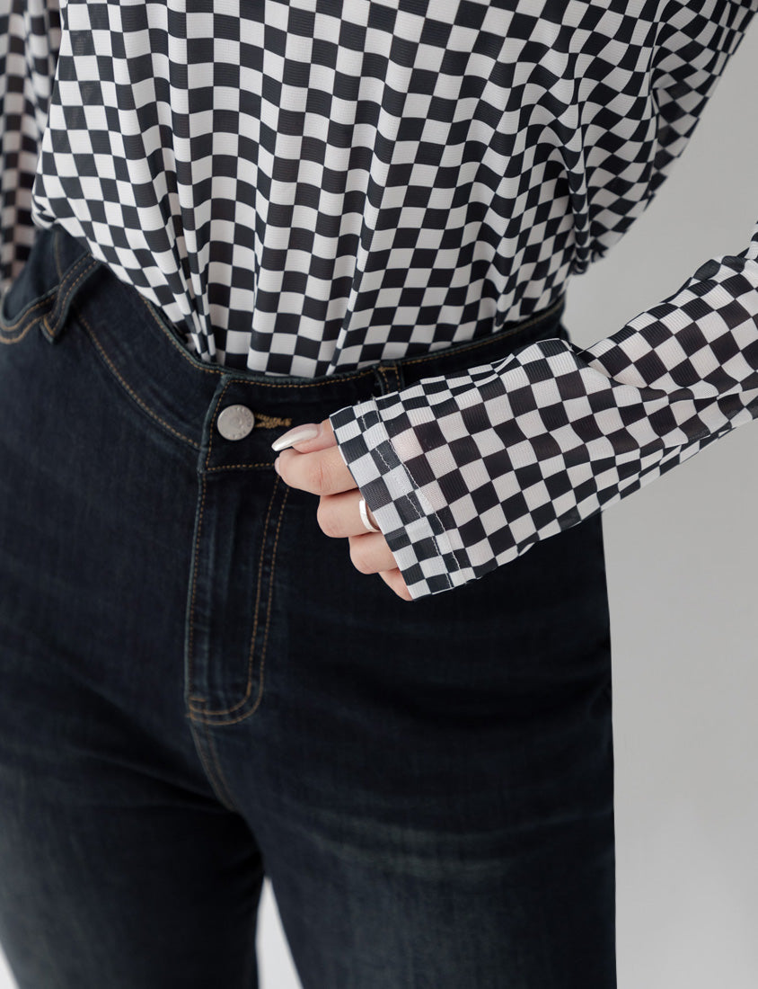 MUA! Sexy Checkered Mesh Long Sleeve Plus Size Top