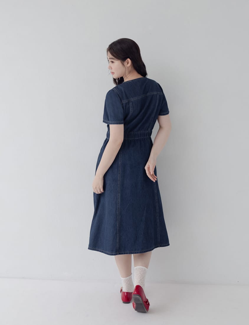 Square Neck Faux Button Elastic Waist Plus Size Denim Maxi Dress