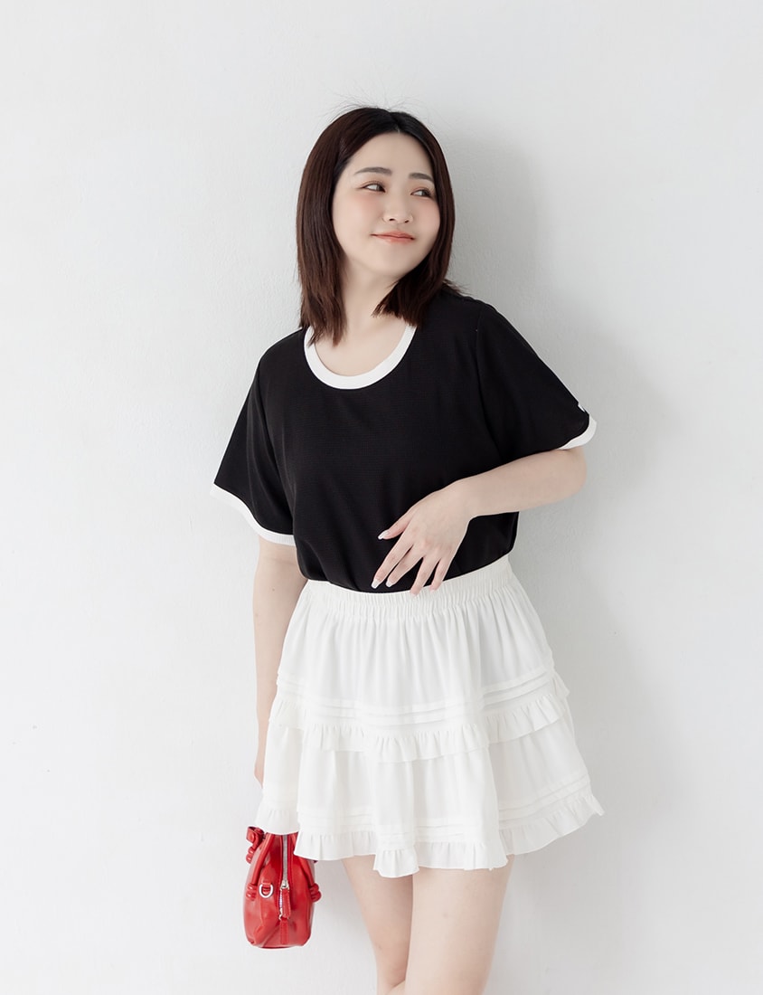 Colorblock Waffle Heart Embroidery Plus Size Top