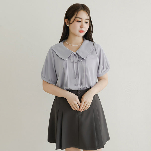 MISS. Sweet Pleated Lapel Collar Plus Size Puff Sleeve Blouse