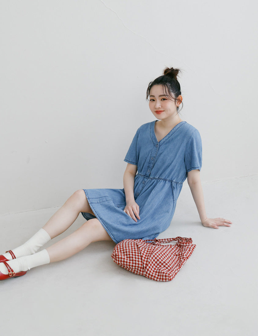 V-Neck Lightweight Denim Elastic Waist Button Plus Size Mini Dress