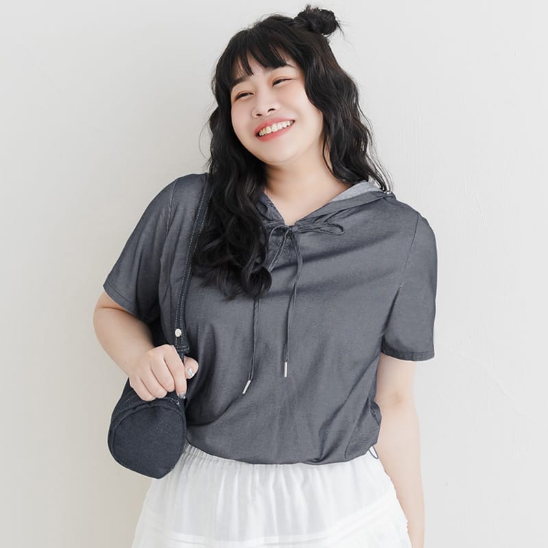 Faux Denim Hoodie Tie-Front Plus Size Short Sleeve Top