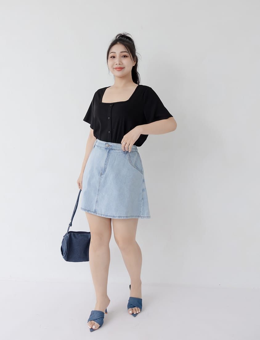 Multi-Color Ribbed Square Neck Faux Button Plus Size Top