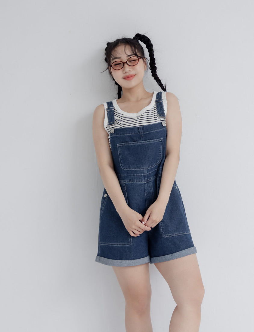 Adjustable Cuffed Denim Plus Size Overall Shorts