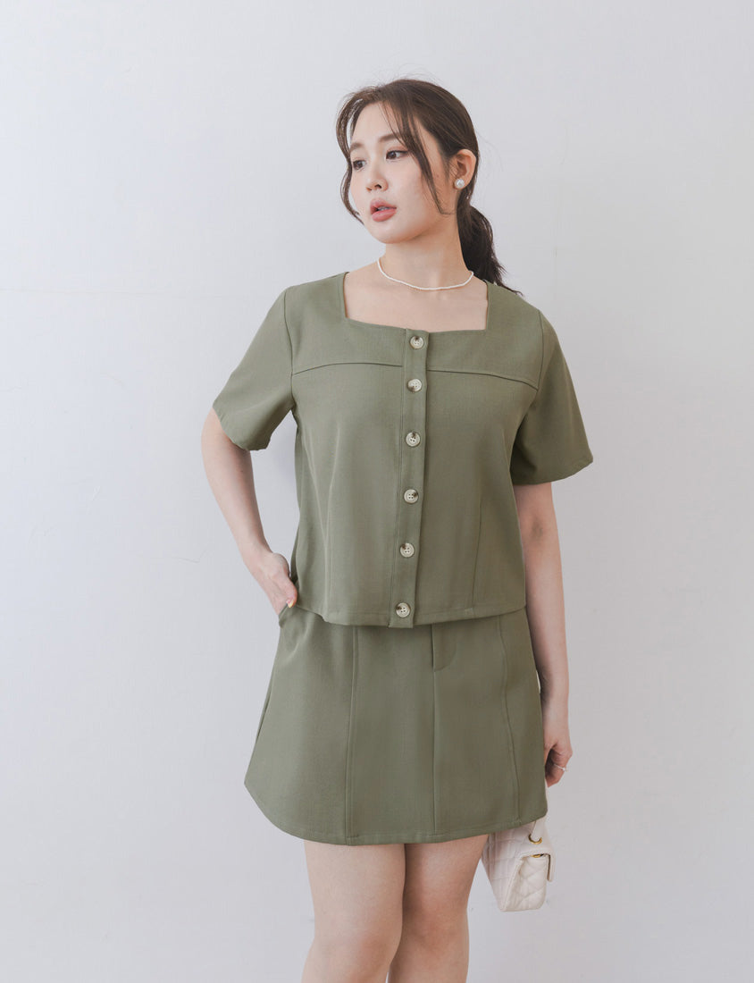 MISS. Korean Style Square Neck Twill Faux Button Top