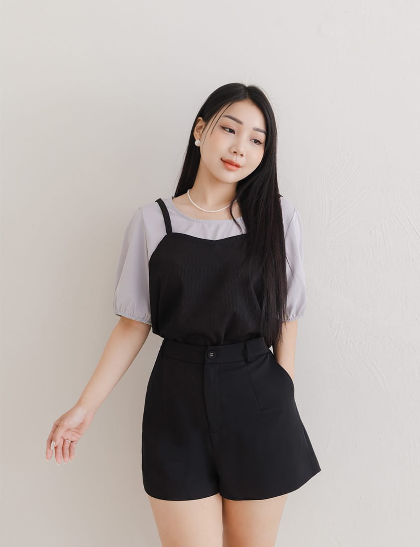 MISS. Faux Two-Piece Textured Puff Sleeve Top
