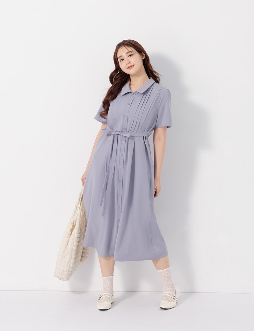 Pleated Textured Button-Down Elastic Back Plus Size Maxi Dress