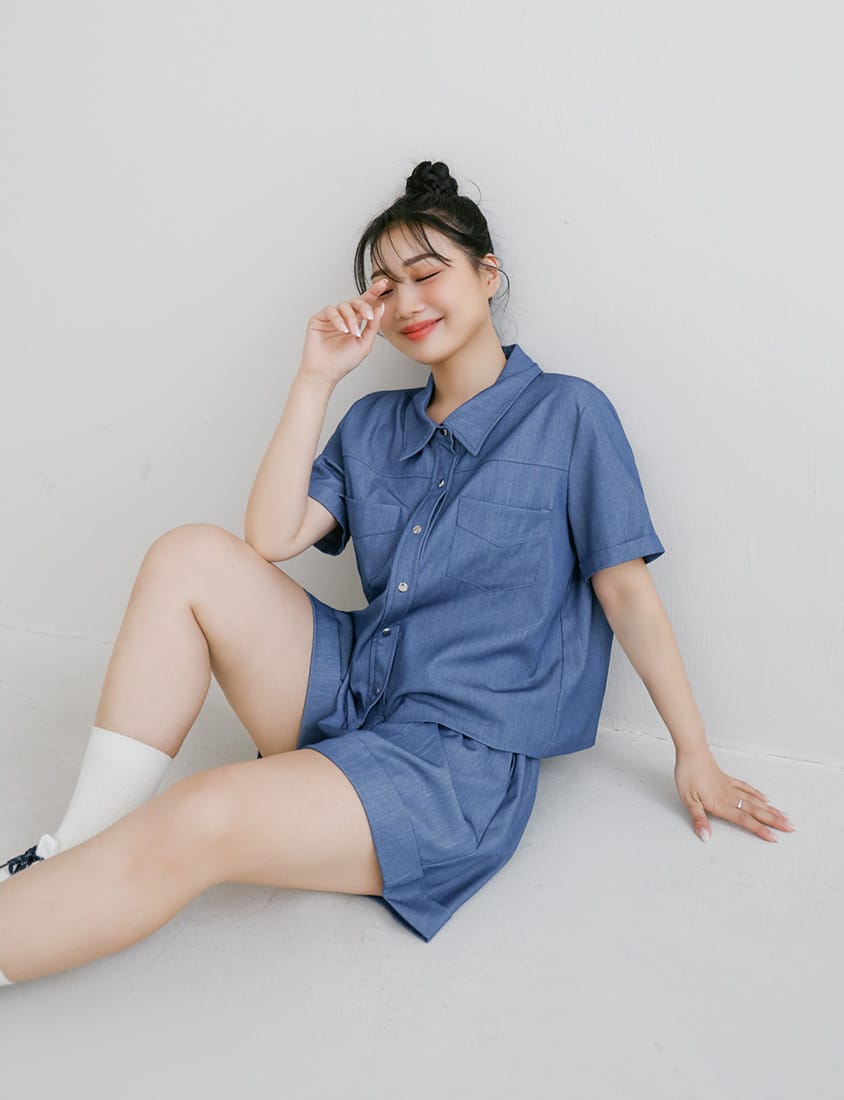 Korean-Style Faux Denim Cuffed Plus Size Short Sleeve Shirt