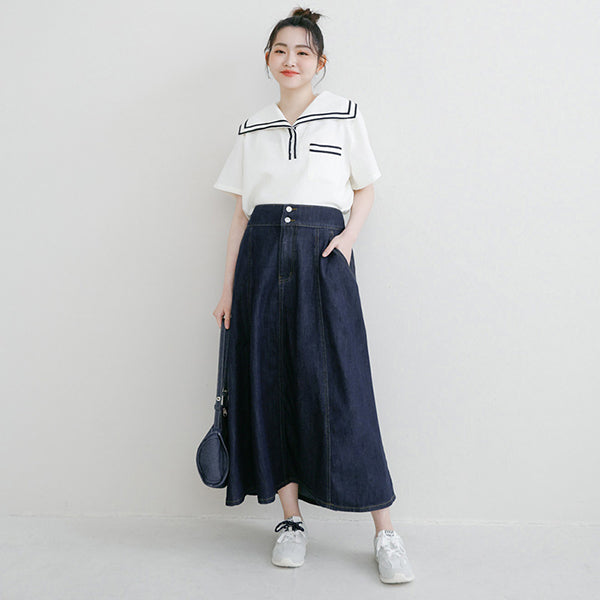 Lyocell Silky Denim Elastic Back Flare Plus Size Maxi Skirt