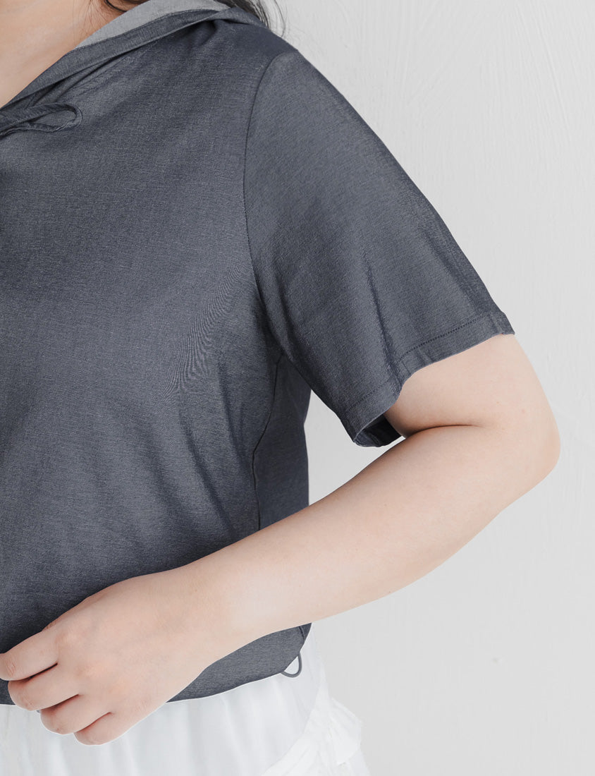 Faux Denim Hoodie Tie-Front Plus Size Short Sleeve Top
