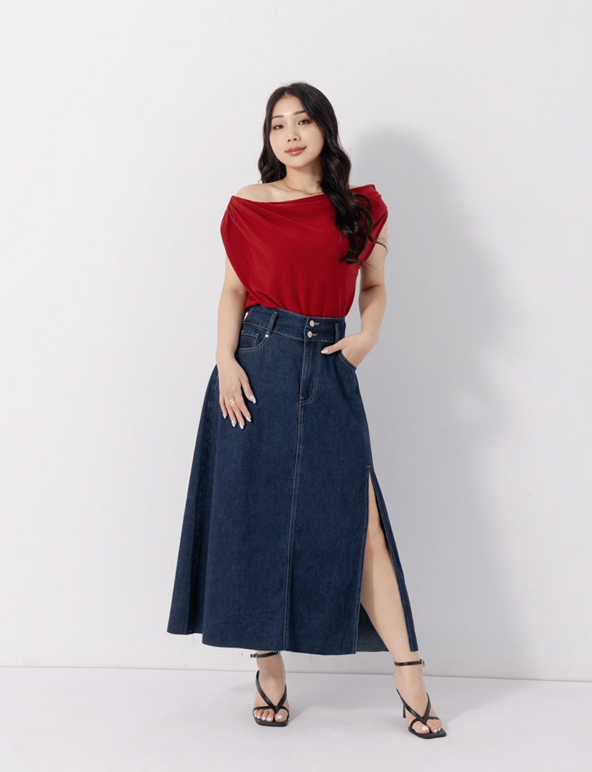 MUA! Front Slit High-Waist Denim A-Line Plus Size Maxi Skirt