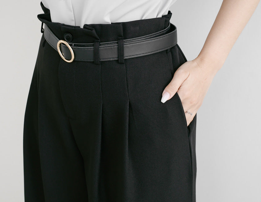 MISS. High-Waisted Bubble Hem Wrinkle-Free Belted Plus Size Wide-Leg Pants