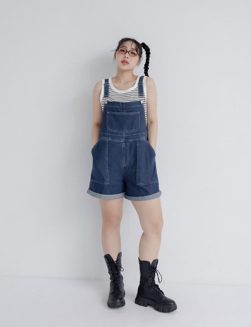 Adjustable Cuffed Denim Plus Size Overall Shorts